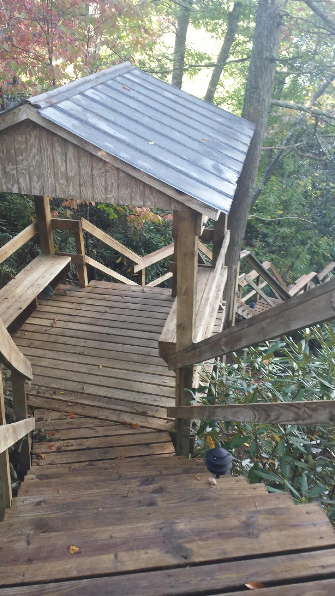 Metal roofed shelter over wooden steps on a wooded walkway — Skylight Repair & Installation work by our crew in Roscoe